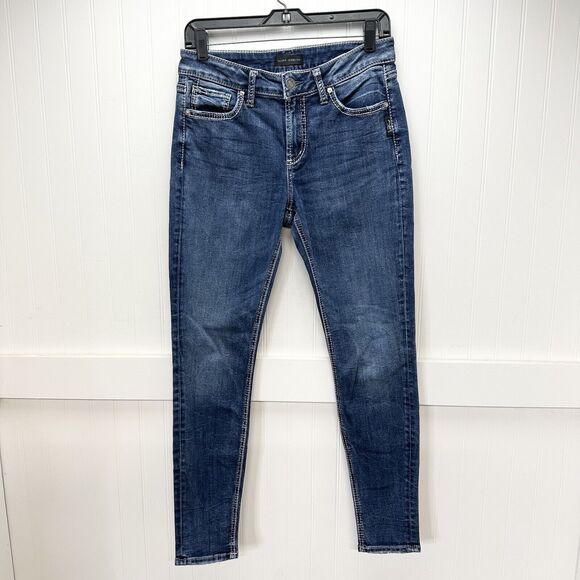 Silver Jeans Women 28 Avery Skinny Curvy Stretch Denim Blue Medium Wash Distress - Picture 1 of 13